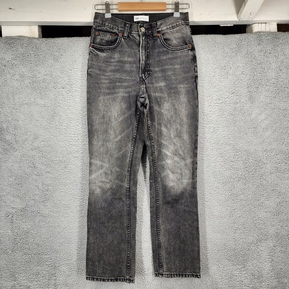 ZARA Women Charcoal Wash High Rise Straight Leg Jeans Size 4 Relaxed Black